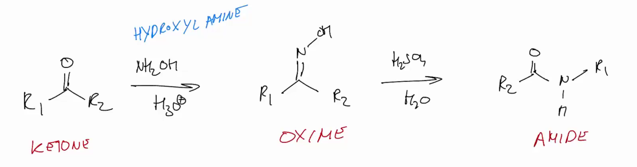<p>Beckman rearrangement (amide from ketones via oximes)</p>