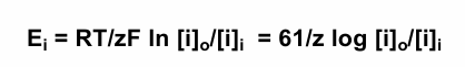 <p>equation describing the equilibrium potential for a particular ion (i)</p><p></p><p>where R is the gas constant, T is the temperature in degrees Kelvin, z is the valence of the ionic species, &amp; F is the Faraday constant</p>