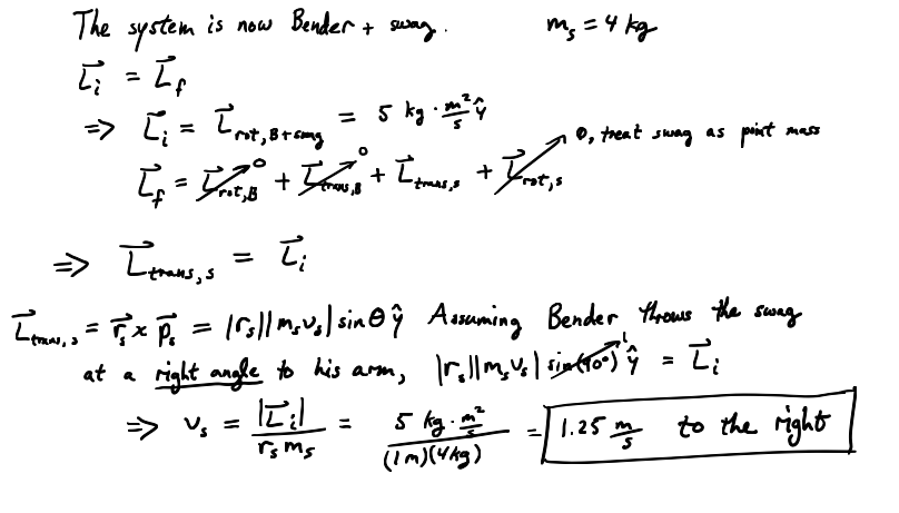 <p>conservation of angular momentum where L_i = 5 from a previous problem. swag has no angular momentum since its a point mass.</p>