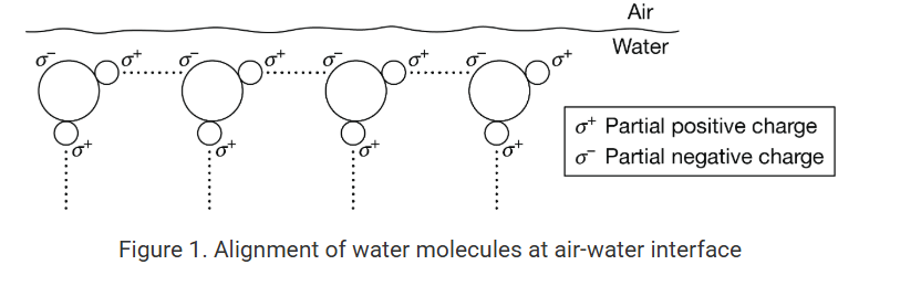 <p>Figure 1 is a diagram of water molecules at the air-water interface at the surface of a pond. Based on Figure 1, which of the following best describes how the properties of water at an air-water interface enable an insect to walk on the water's surface?</p><p>A) Covalent bonds between water molecules and the air above provide cohesion, which causes tiny bubbles to form under the feet of the insect.</p><p>B) Ionic bonds between molecules at the surface of the water provide an electric charge, which attracts the feet of the insect, keeping it on the surface.</p><p>C) Polar covalent bonds between molecules at the surface of the water provide adhesion, which supports the weight of the insect.</p><p>D) Hydrogen bonds between molecules at the surface of the water provide surface tension, which allows the water surface to deform but not break under the insect.<br></p>