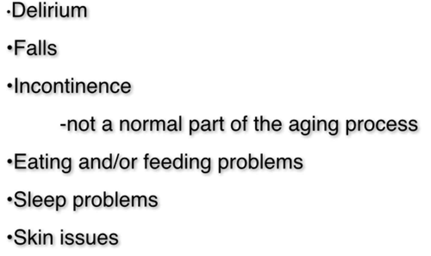 <p>-Term used to capture certain clinical conditions in older people that do not necessarily fit into discrete categories</p><p>-Often related to physiological changes of aging</p><p>-Atypical presentation</p>