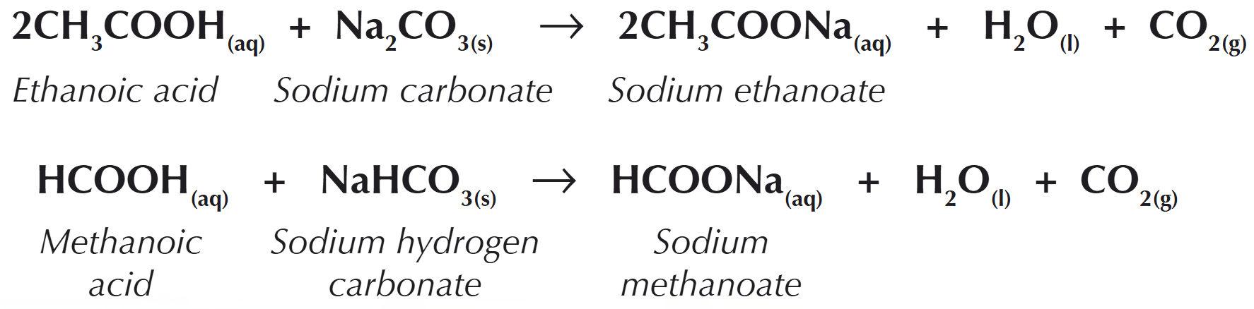 <p>A salt, carbon dioxide &amp; water → (CO<sub>2</sub> fizzes out of the solution)</p>