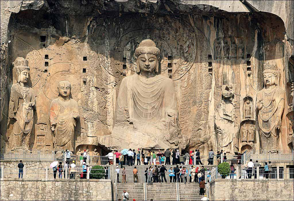 <p>Vairocana Buddha, disciples, and bodhisattvas, limestone, Fenxian grotto, Longmen caves, Luoyang, China, Tang dynasty, completed 675 CE, Patronized by Emperor Gaozong and Empress Wu, Tang Dynasty Period, 618-906 ce</p>