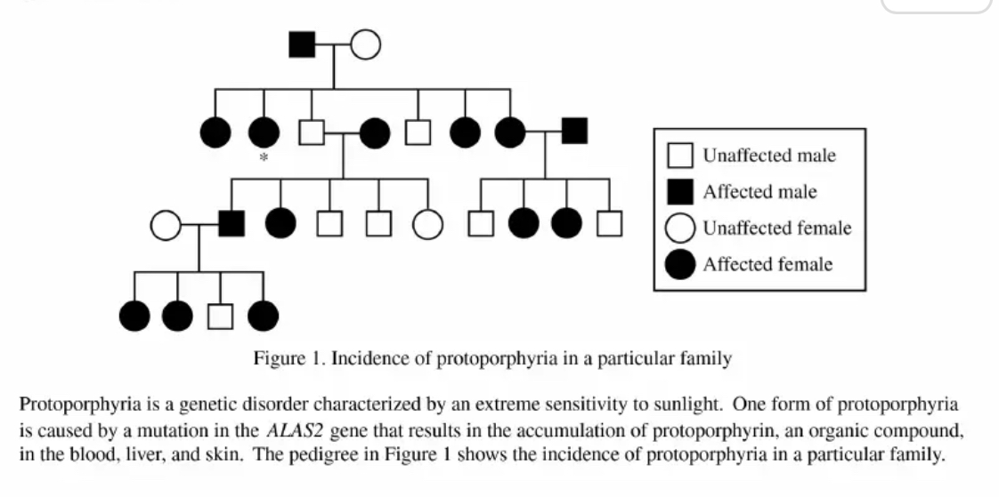 <p>Figure 1. Incidence of protoporphyria in a particular family</p><p>Protoporphyria is a genetic disorder characterized by an extreme sensitivity to sunlight. One form of protoporphyria is caused by a mutation in the 𝐴𝐿𝐴𝑆2 gene that results in the accumulation of protoporphyrin, an organic compound, in the blood, liver, and skin. The pedigree in Figure 1 shows the incidence of protoporphyria in a particular family.</p><p><strong><u>One mutation in 𝐴𝐿𝐴𝑆2 that is associated with protoporphyria is a four-nucleotide deletion. The protein expressed from the mutant allele is 20 amino acids shorter than the wild-type protein.</u></strong></p><p><strong><u>Which of the following best explains why a shortened protein is produced?</u></strong></p><ul><li><p><strong>A: </strong>The mutation disrupts the start codon, preventing the ribosome from beginning translation.</p><p></p></li><li><p><strong>B: </strong>The mutation introduces a premature stop codon, causing translation to end early.</p><p></p></li><li><p><strong>C: </strong>The mutation changes the gene’s regulatory region, causing unregulated gene expression.</p><p></p></li><li><p><strong>D: </strong>The mutation affects posttranscriptional modifications by preventing the removal of introns.</p></li></ul><p></p>