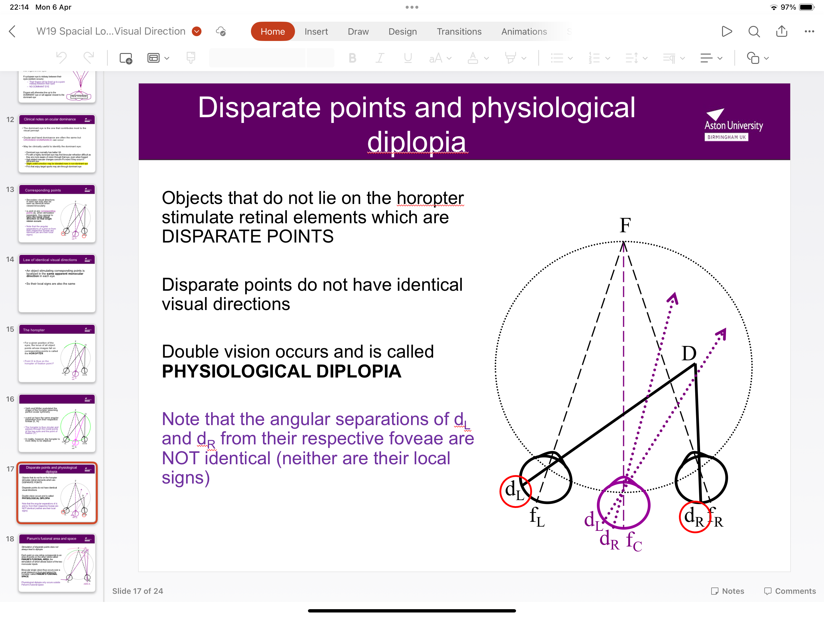 <p>Objects which are not on the horopter stimulate retinal elements which are disparate points- they don’t have identical visual directions and double vision of the object OFTEN occurs- this is physiological diplopia</p>