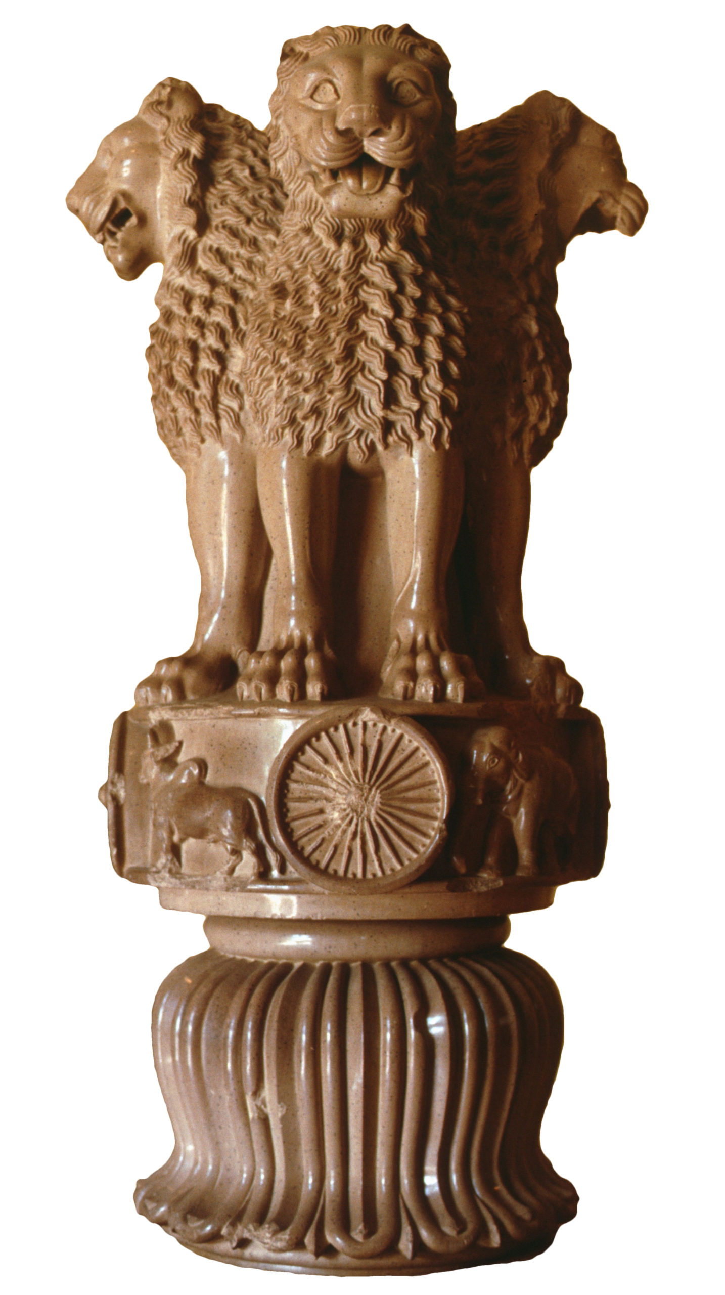 <p>Ashoka’s lion capital, Sarnath, India, polished Chunar sandstone, 7’ high, c. 250 BCE (on pillar inscribed with Buddhist dharma), Mauryan Dynasty Period, 322-185 BCE</p>