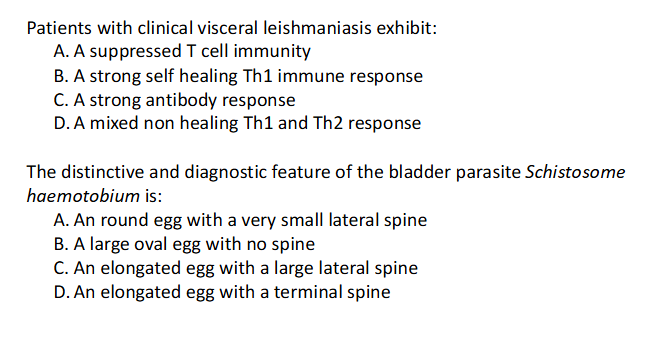 <p>2ND Q:</p><p>- the way you diagnose them is looking at a faecal or urine sample</p><p>- in a faecal sample, if youve seen a large egg about 80 microns in size with a big lateral spine you know its schistosome manima</p><p>- if you see an egg and urine sample which has a terminal spine, you know its schistosome haematobium</p><p>- if you see an egg in a faecal sample that has just a small, tiny little spine and its round, you know its schistome japonicum</p>
