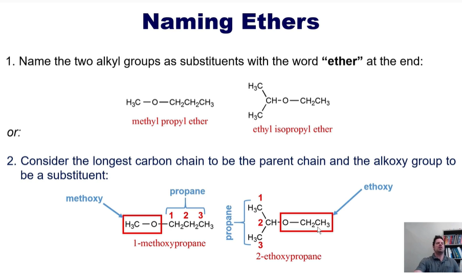 <p>-O-</p><p></p><ul><li><p>Naming two alkyl groups as substituents with the word ETHER at the end. </p></li><li><p>Longest carbon chain is the parent chain, alkoxy group is the substituent. </p></li></ul><p></p>