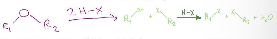 <p>ether + 2HX → ROH + RX + HX → RX + RX + H2O</p>