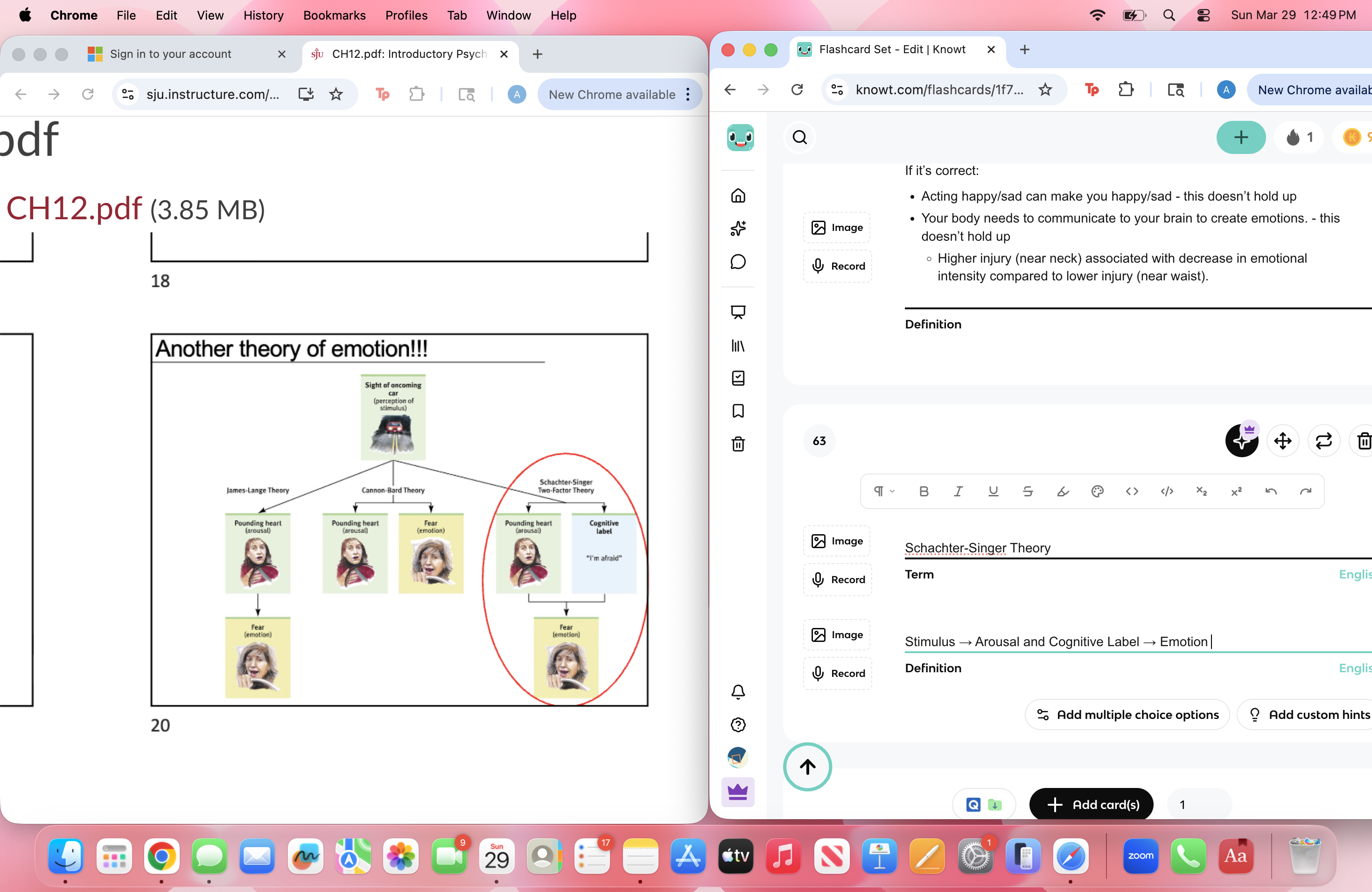 <p>Stimulus → Arousal and Cognitive Label → Emotion </p><p>Famous Experiment:</p><ol><li><p>Injected subjects with epinephrine</p></li><li><p>Sent them to a waiting room</p></li></ol><p>IV 1 - Confederate in waiting room acts either</p><ul><li><p>Angry</p></li><li><p>Happy</p></li></ul><p>IV 2 - Participants either</p><ul><li><p>Know they have been injected with epinephrine and what physio effects to expect.</p></li><li><p>Are naive(injected with epinephrine, but not told about the drugs effects). </p></li></ul><p>When knowing - “i’m not angry/happy, I just feel like this because I got injected”</p><p>When naive - “why am i so amped up? I must be super angry/super happy like this guy. </p><p></p>