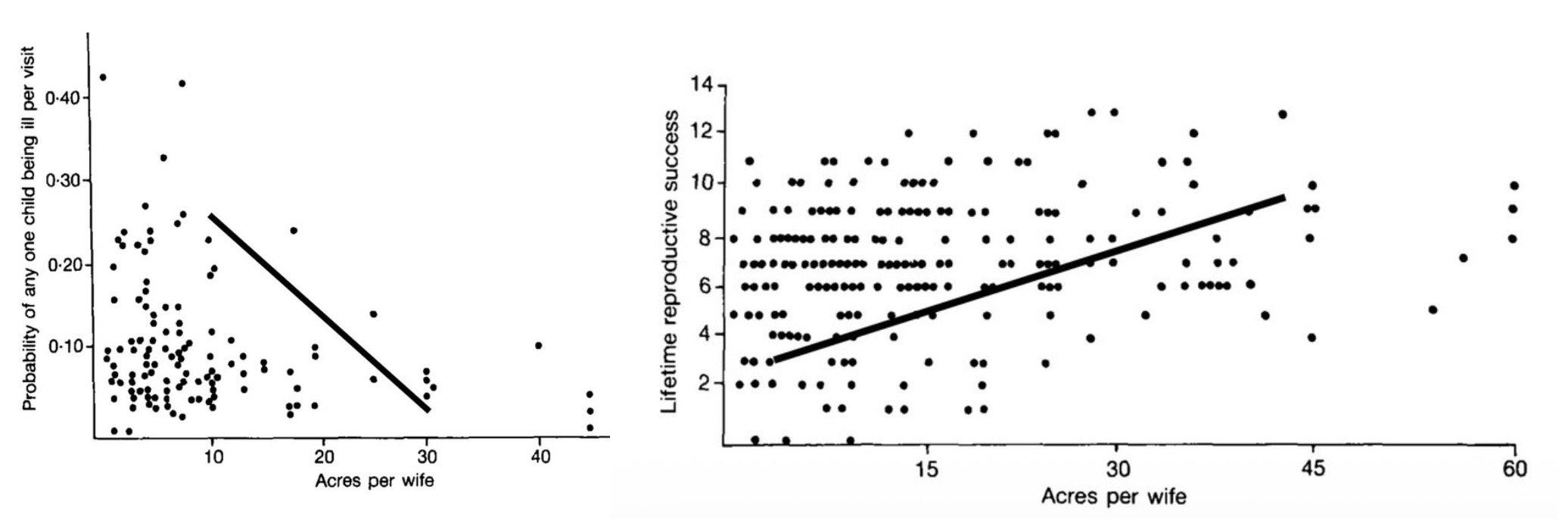 <p>Mulder 1987</p><p>Studied lifetime reproductive success of men in Kenya compared to the number of acres they owned per wife</p><p>→Women have higher reproductive success when married to wealthy husbands</p><p>Studied probability of any given child being ill per visit compared to number of acres owned per wife</p><p>→Offspring have better health when father is wealthy</p>