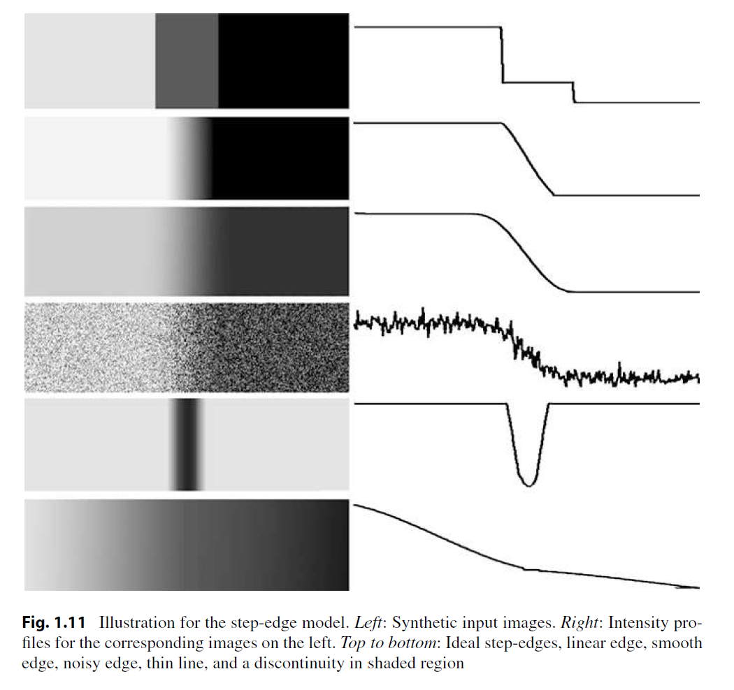 <p>Figure 1.11 illustrates a possible diversity of edges in images by sketches of 1D cuts through the intensity profile of an image, following the stepedge model. The step-edge model assumes that edges are defined by changes in local derivatives; the phase-congruency model is an alternative choice.</p><p>After having noise removal performed, let us assume that image values represent samples of a continuous function I (x, y) defined on the Euclidean plane R2, which allows partial derivatives of first and second order with respect to x and y. </p>