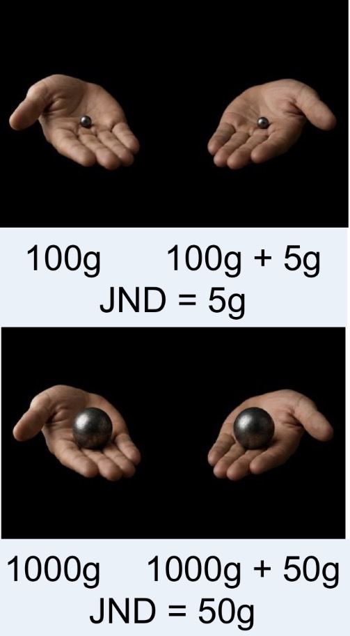 <p>Unterschiedschwelle (just noticeable difference JND)</p><ul><li><p>Gerade noch wahrnehmbarer Unterschied zwischen zwei Reizen</p></li></ul><p></p><p>Webersches Gesetz in Worten</p><ul><li><p>Die Unterschied Schwelle steht in proportionaler Beziehung zur Reizintensität</p></li></ul><p></p><p>Webersches Gesetz, mathematisch formuliert:</p><p>ΔS = k · S Oder: k = ΔS/S</p><p></p><p>k ist die Webersche Konstante</p><p>ΔS ist die JND - Reizunterschied (Differenz)</p><p>S ist die absolute Reizintensität</p><p></p>