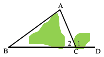 <ul><li><p>The sum of the interior angles of a triangle is 180°</p><ul><li><p>Eg. A1 + B1 + C2 = 180° (Int angles of a triangle)</p></li></ul></li><li><p>The exterior angle of a triangle is equal to the sum of the two interior opposite angles</p><ul><li><p>A1 + B1 = C1</p></li></ul></li></ul><p></p>