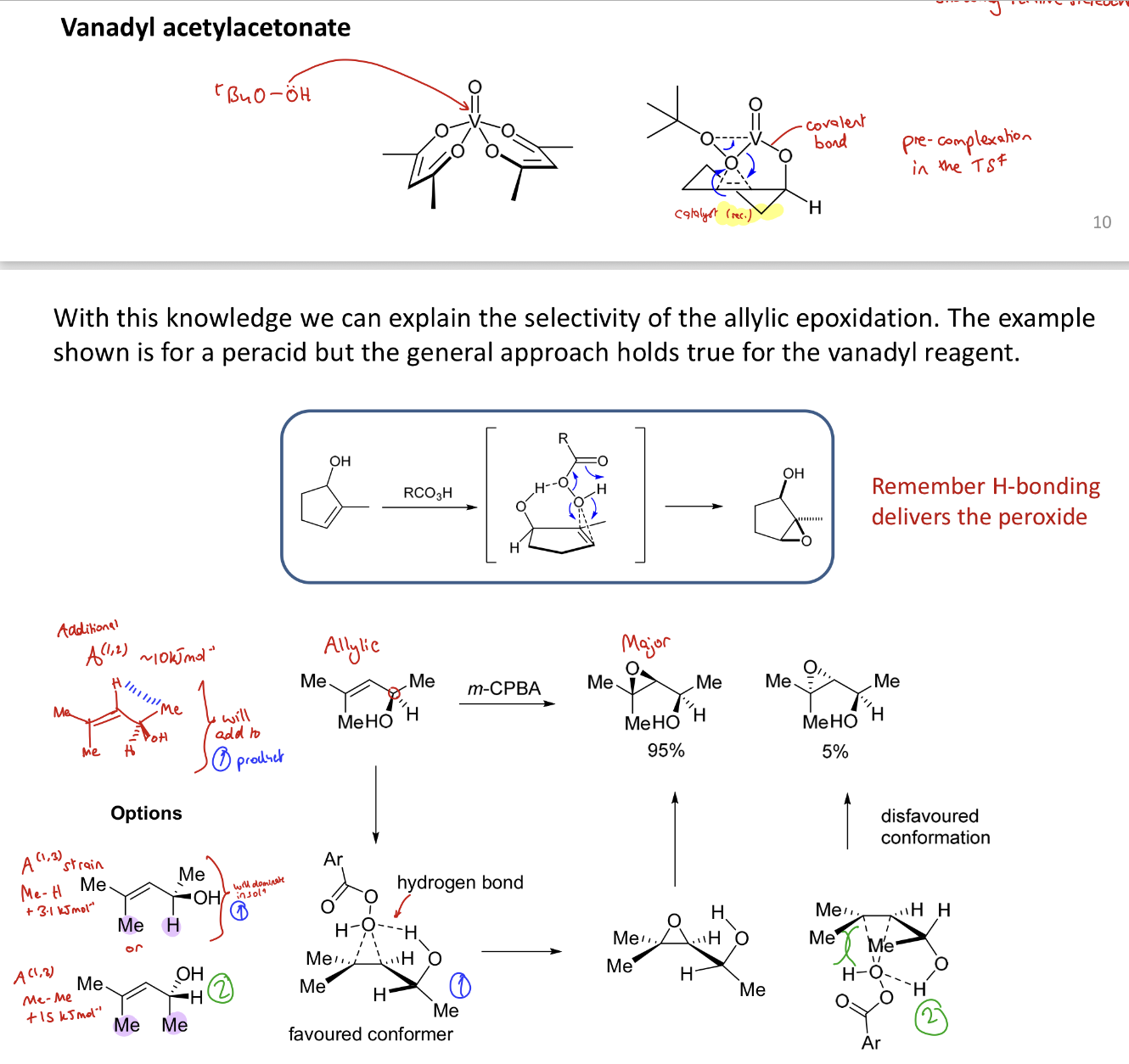 <p><span>Similarly to a peracid, covalent bonding causes pre complexation to an O group and the epoxide is formed on the same face as the O containing group</span></p><p><strong>→ syn product</strong></p>