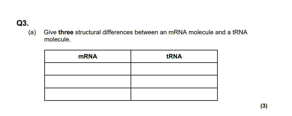 <p>Give three structural differences between an mRNA molecule and a tRNA molecule</p>