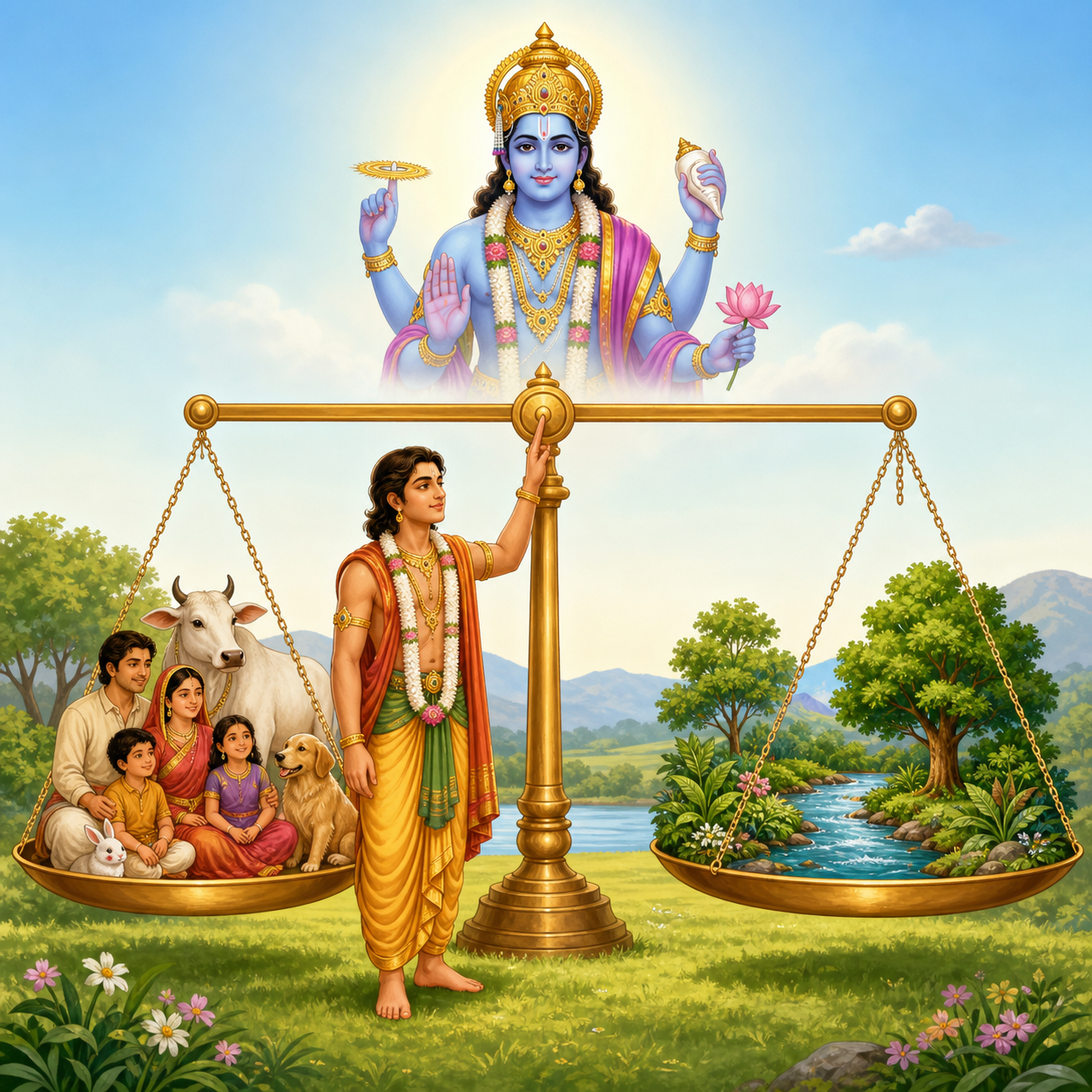 <p>To restore balance when dharma declines and evil rises</p>