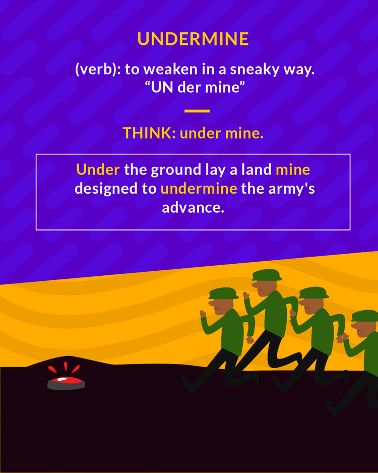 <p>to weaken</p><p>(verb) to weaken in a sneaky way</p>