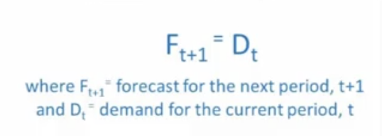 <ul><li><p>current demand becomes the next period’s forecast</p></li><li><p>simplest time series model</p></li><li><p>very responsive to demand changes in short term, but unstable for long range planning</p></li><li><p>major weakness: does not consider historical trends and patterns over time</p></li></ul><p></p>