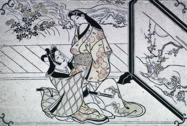 <p><span style="background-color: transparent; font-family: "Times New Roman", serif;">Focus on detailed kimono, asymmetry, focus on translating bushwork to carved line, represents the pleasure quarters</span></p>