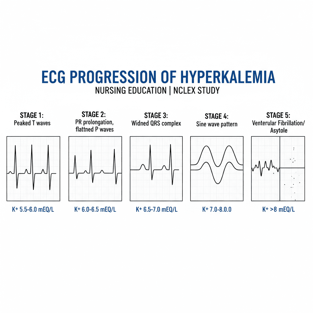 <p>Peaked (tall, tent shaped) T waves, widened QRS complex, and in severe cases a sine wave pattern; these changes indicate dangerously elevated potassium levels</p>