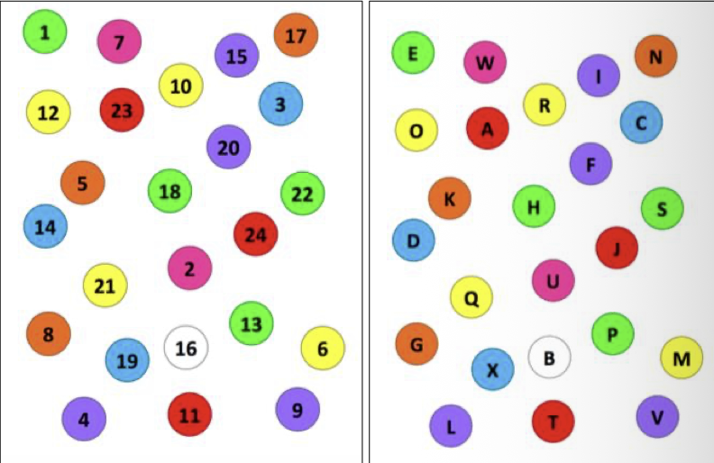 <ul><li><p><span>Find and touch the letters &amp; numbers in order (A -1, B-2, C-3…) on the coloured worksheets</span></p></li><li><p class="p1"><span>Move your head and neck together quickly as you turn and bend down to touch the letter or number on the seat</span></p></li><li><p class="p1"><span>Then return your head and neck to the starting position quickly and find next letter/number on coloured sheet on wall</span></p></li></ul><p></p>