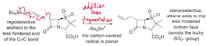 <p>Sterically hindered radicals require very strained transition states with high enthalpies of activation to react, this is disfavoured.</p><ul><li><p>Sterics is also used to explain regioselective addition of radicals to alkenes and the stereoselective formation of adducts.</p></li></ul><p></p>
