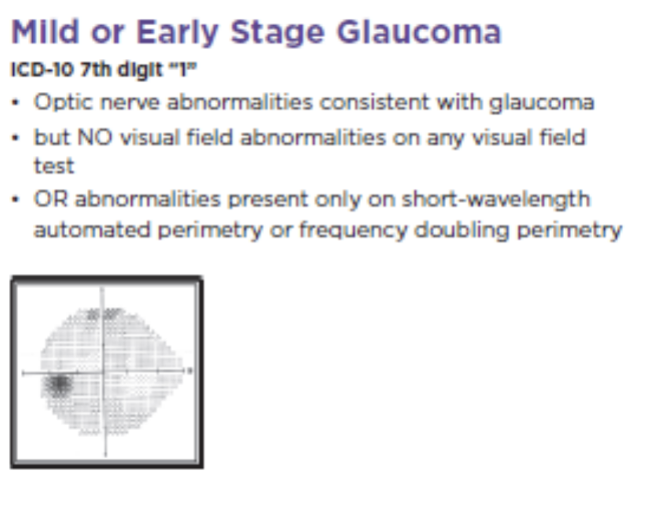 <p>Describe Mild (Early) Stage Glaucoma as described by ICD-10 Glaucoma Staging System</p>
