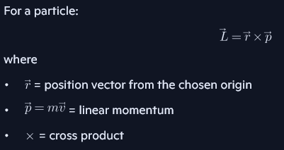 <p>direction is perpendicular to the plane of rotation via the right hand rule (point your fingers along r, curl your fingers in the dir of p, and the direction of your thumb is the dir of the angular momentum) </p>