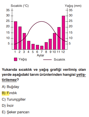 <p>Kışlar ılık ve çok yağışlı, yazlar ise sıcak ve oldukça kurak. Bu tipik bir <strong>Akdeniz İklimi</strong> grafiğidir.</p><p>Buğday (kurak yaz ister), Turunçgiller, İncir ve Şeker pancarı (sulama ile) bu iklimde yetişebilir.</p><p><strong>Fındık</strong>, her mevsim bol yağış ve nem isteyen bir bitkidir (Karadeniz iklimi). Akdeniz'in yaz kuraklığına dayanamaz.</p>