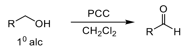 <p>PCC and CH<sub>2</sub>Cl<sub>2</sub><br>or <br>CrO<sub>3</sub>, Py and CH<sub>2</sub>Cl<sub>2</sub></p>