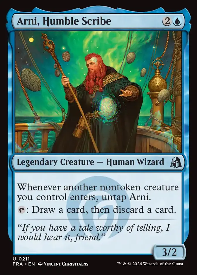 <p>Whenever another nontoken creature you control enters, untap Arni.</p><p>{T}: Draw a card, then discard a card.</p>