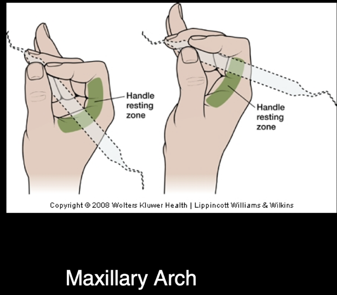<p>Palm up, rest the handle against your hand somewhere between your first finger’s top joint and the space between your thumb and first finger.</p>