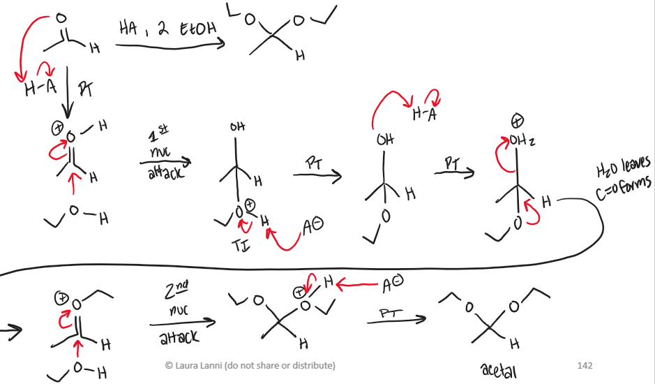 <p>gives acetal, proton transfer, nucleophilic attack, proton transfer, water leaves, nucleophilic attack, proton transfer</p>