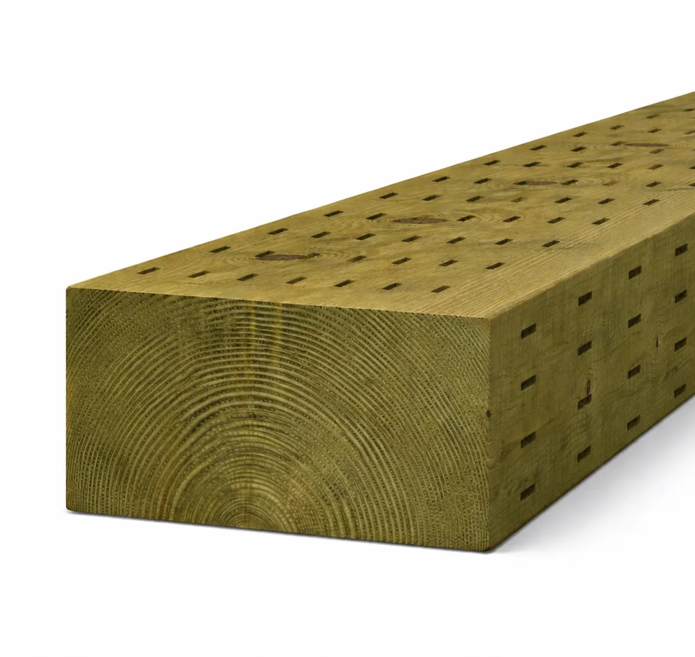 <p>Decay-resistant lumber treated with chemicals, typically fir, identifiable by green tint and used for outdoor construction.</p>