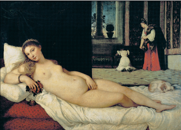 <p>Titian, 1538, not sure what its painted with but its on a canvas </p><p>-female nude and sex work </p><p>-she looks directly at the viewer, sensual but also calm and composed</p><p>-Dog = fidelity and marital loyalty</p><p>-Background servants = domestic order and household life</p><p>-Venus may symbolize marriage, beauty, and ideal womanhood</p>