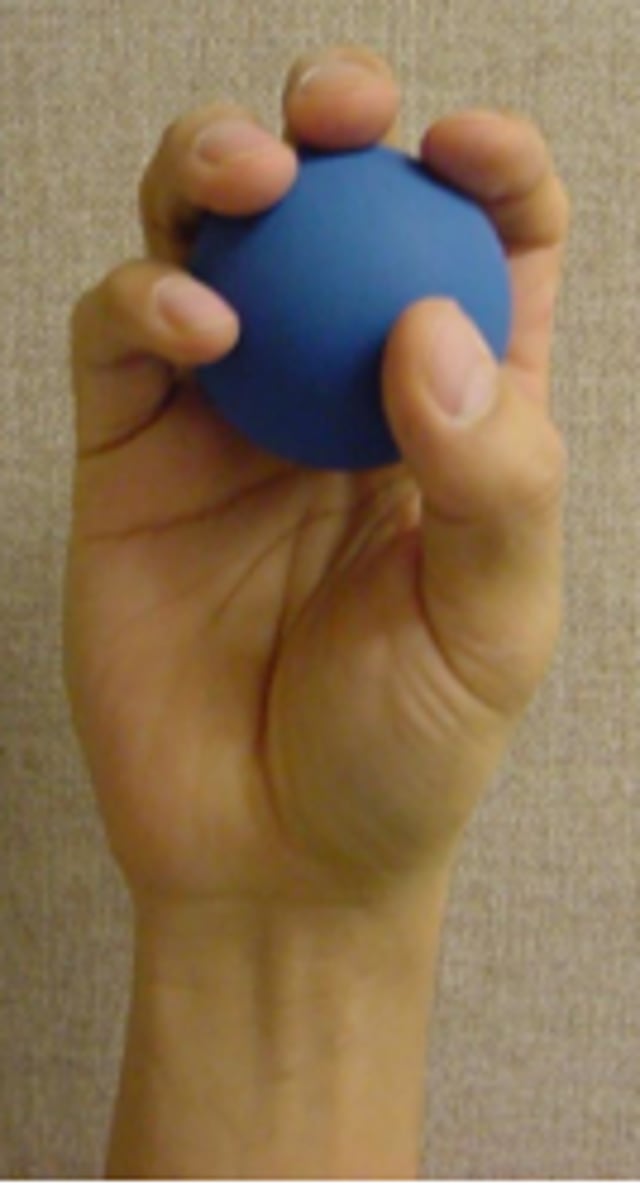 <p>All fingers &amp; thumb adducted around an object</p><p>-Fingers spread apart</p><p>-Palm is often not involved</p><p>-Ex: holding a ball</p>