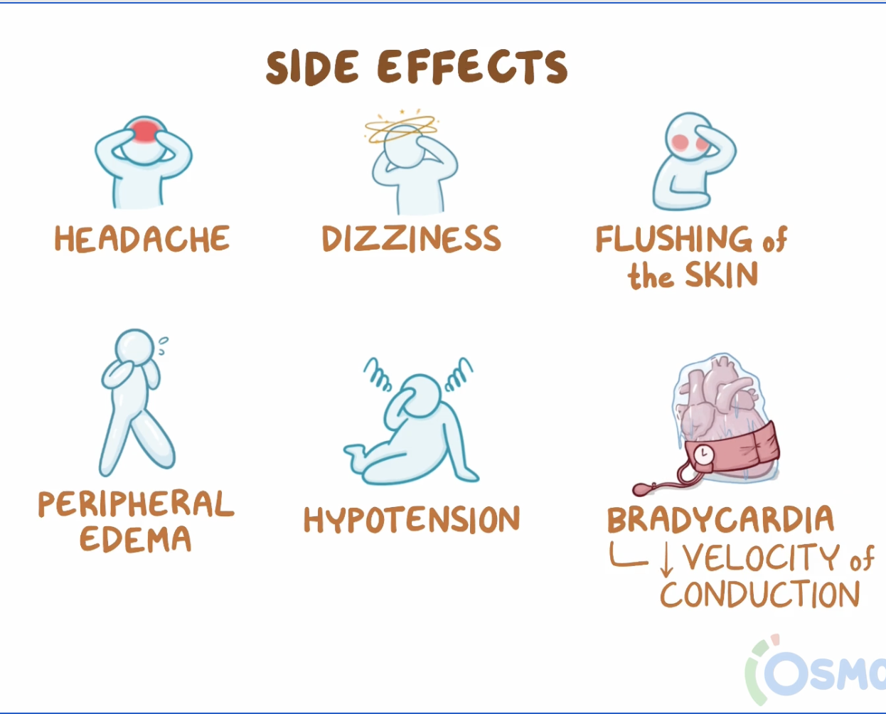 <ul><li><p>Related to effects on cardiac output</p></li><li><p>CNS effects</p></li><li><p>GI effects</p><ul><li><p>Constipation</p></li></ul></li><li><p>CV effects (bradycardia, peripheral edema, and hypotension)</p></li></ul><ul><li><p>Skin flushing and rash → Stevens-Johnson syndrome</p></li><li><p>Renal faillure</p></li></ul><p></p>