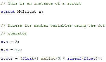 <p>The syntax used to access member variables within a C struct instance, for example, $$x.a = 5$$.</p>