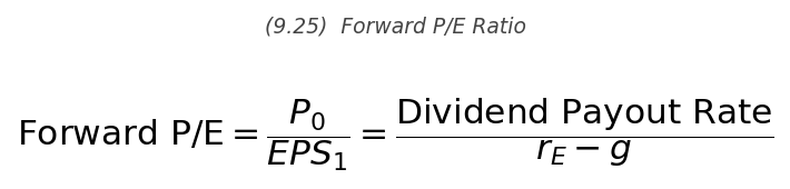 <p>\text{Forward P/E} = \dfrac{P_0}{EPS_1} = \dfrac{\text{Dividend Payout Rate}}{r_E - g}</p>
