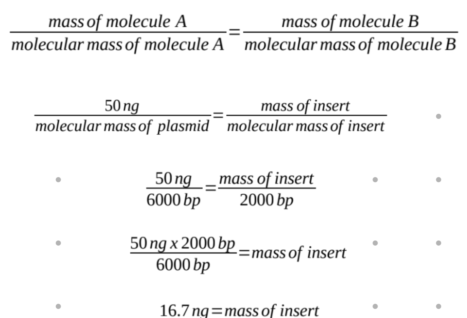 <ul><li><p>here we’re setting up a 1:1 molar ratio, using 50 ng of cut plasmid</p></li></ul><p></p>