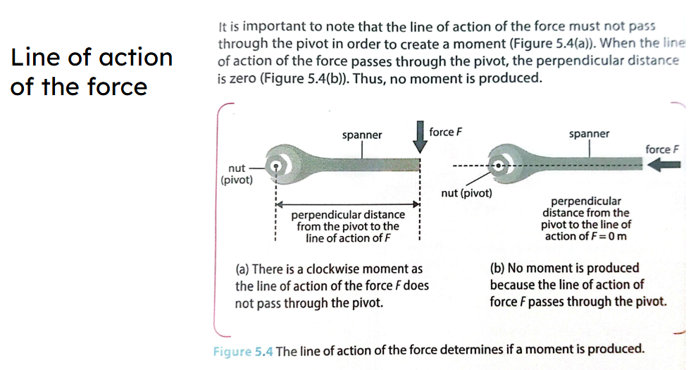 <p>line of action of a force is straight line through a point where a force applied follows the direction of that force vector </p><ul><li><p>extend horizontally/vertically towards the direction of arrow of force applied </p></li><li><p>pivot can extend accordingly to meet line of action </p></li><li><p>use ruler to draw </p></li></ul><p></p>