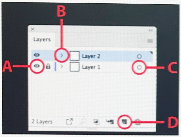 <p><span>Buzz created an image and wants to temporarily hide a layer. Using the image of the layer panel, determine which item Buzz should select? </span></p>