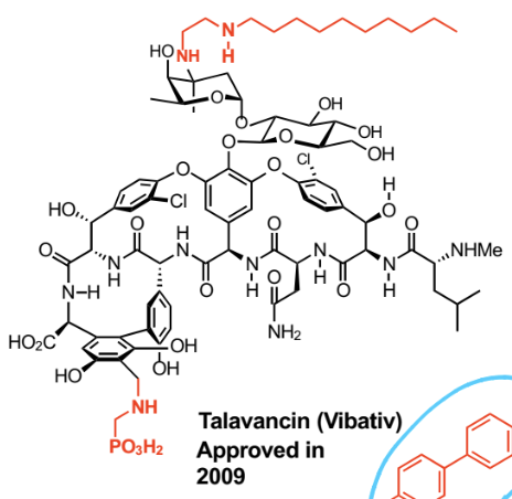 <p>Vancomycin analogue (more lipophilic, can penetrate both gram NEGATIVE and positive)</p>