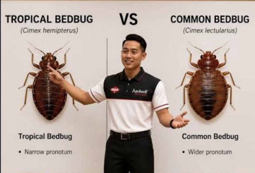 <p><strong>Pronotum shape</strong></p><ul><li><p><strong>Common Bed Bug</strong> — pronotum <strong>wider + more laterally expanded</strong></p></li><li><p><strong>Tropical Bed Bug</strong> — pronotum <strong>narrower / less expanded</strong></p></li></ul><p></p>
