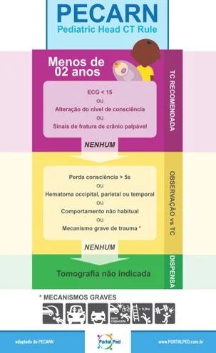 <p>ecg <15<br>alteração nível de consciência </p><p>fratura palpável </p><p>queda >90cm <br>hematoma não frontal </p><p>mecanismo perigoso trauma </p><p>vômito persistente </p>
