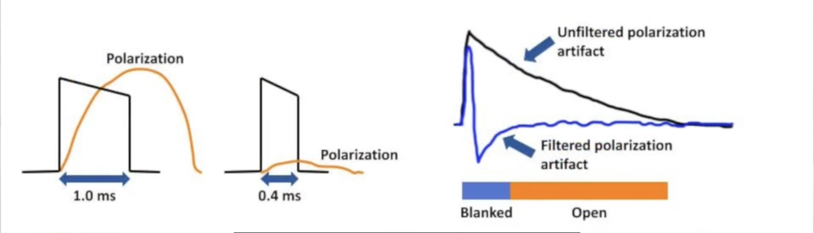 <ul><li><p>Smaller electrode size increases polarization</p><ul><li><p>Increased current density at tip</p></li><li><p>Small electrode leads designed to increase impedance</p></li><li><p>Maximize surface area: fractal surface, coatings</p></li></ul></li></ul><ul><li><p>Larger pulse width increases polarization</p><ul><li><p>Autocapture uses 0.4 ms</p></li></ul></li><li><p>Second order bandpass filter to distort polarization artifact</p></li><li><p>ER blanking period to block filtered polarization signal</p></li></ul><p></p>