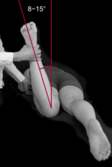 <p>Prone knee flexed 90°, rotate hip until greater trochanter is parallel with table; measures femoral anteversion.</p>
