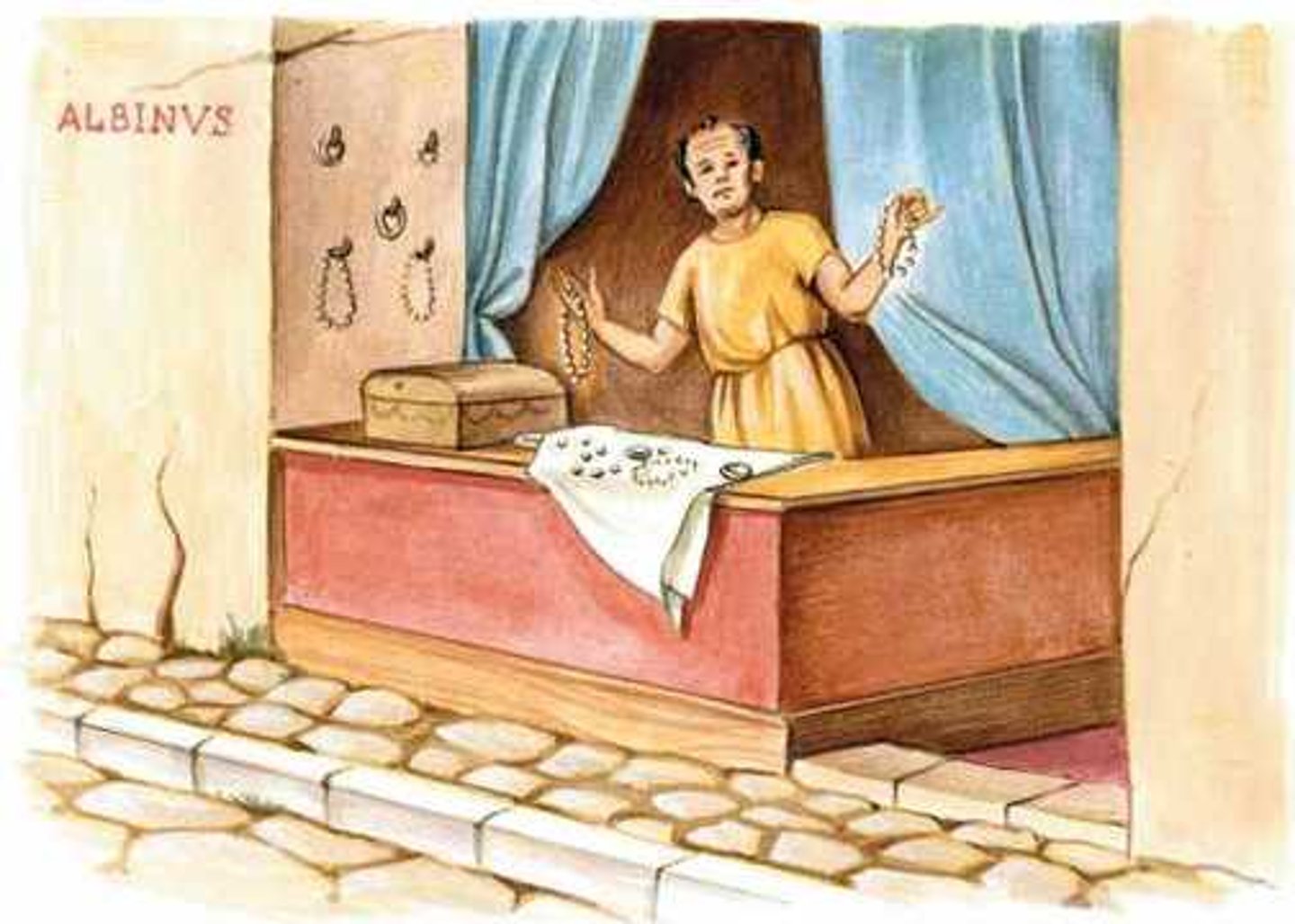 <p>nomen:</p><p>A place where goods are sold</p><p>(shop, stall, booth)</p>