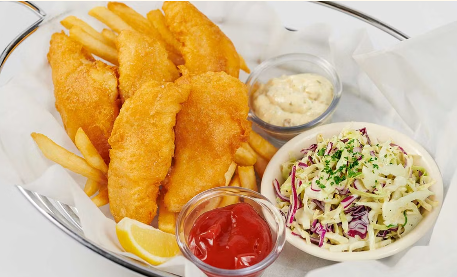 <p>Hand Battered and Fried Crisp. Served with Cole Slaw, French Fries and Tartar Sauce</p>